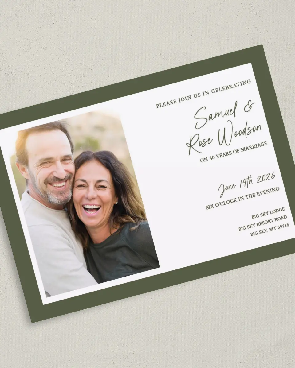 This is a 5" x 7" Anniversary Invitation called Rustic Romance printed in full color with Silver foil on Luxe Satin (coated) paper