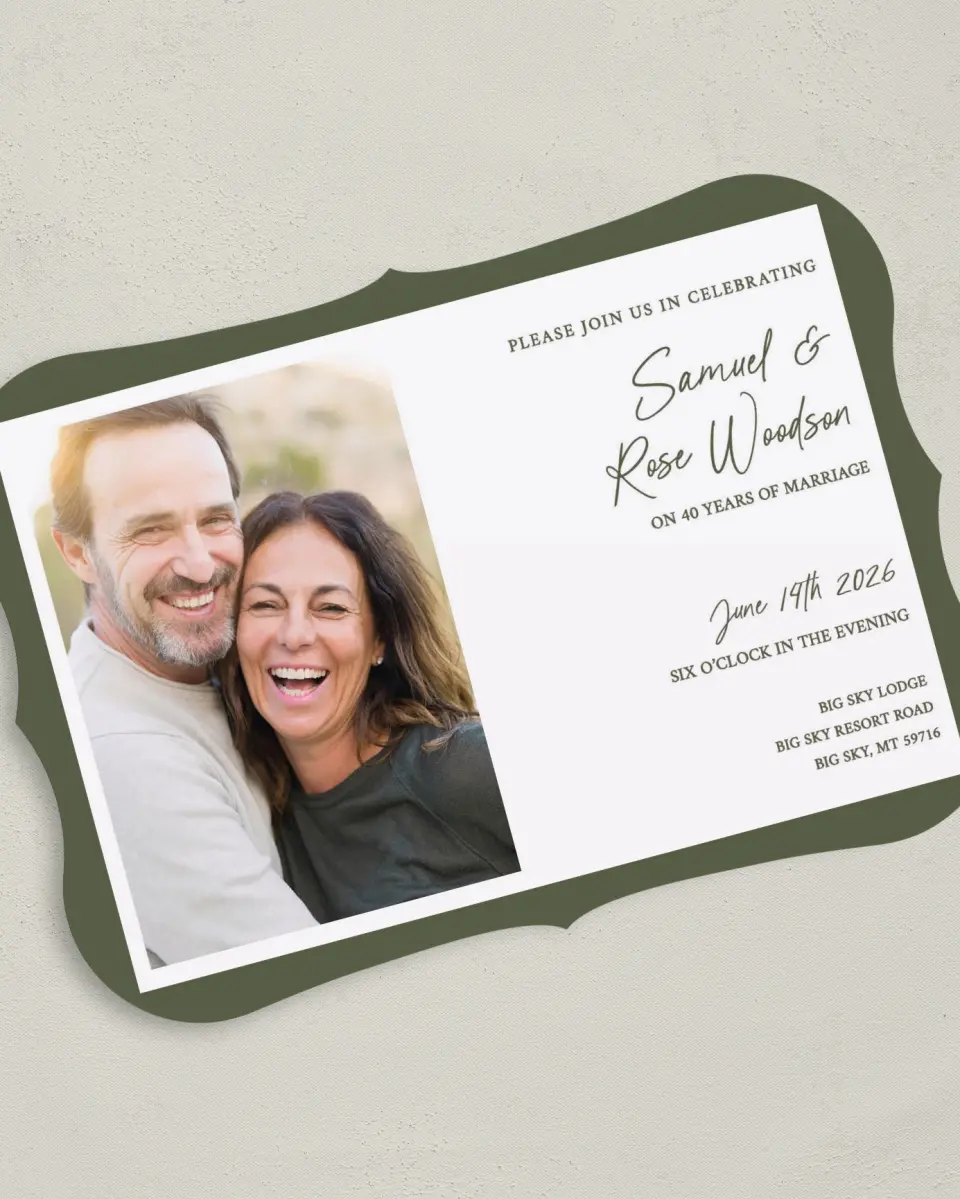 This is a 5" x 7" Anniversary Invitation called Rustic Romance printed in full color on Premium Smooth paper