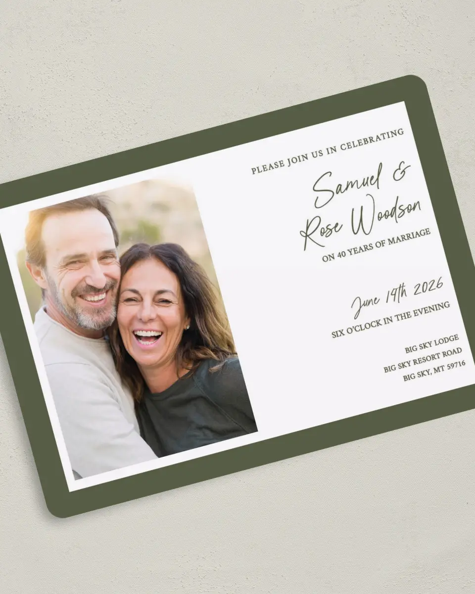 This is a 5" x 7" Anniversary Invitation called Rustic Romance printed in full color with Silver foil on Luxe Satin (coated) paper
