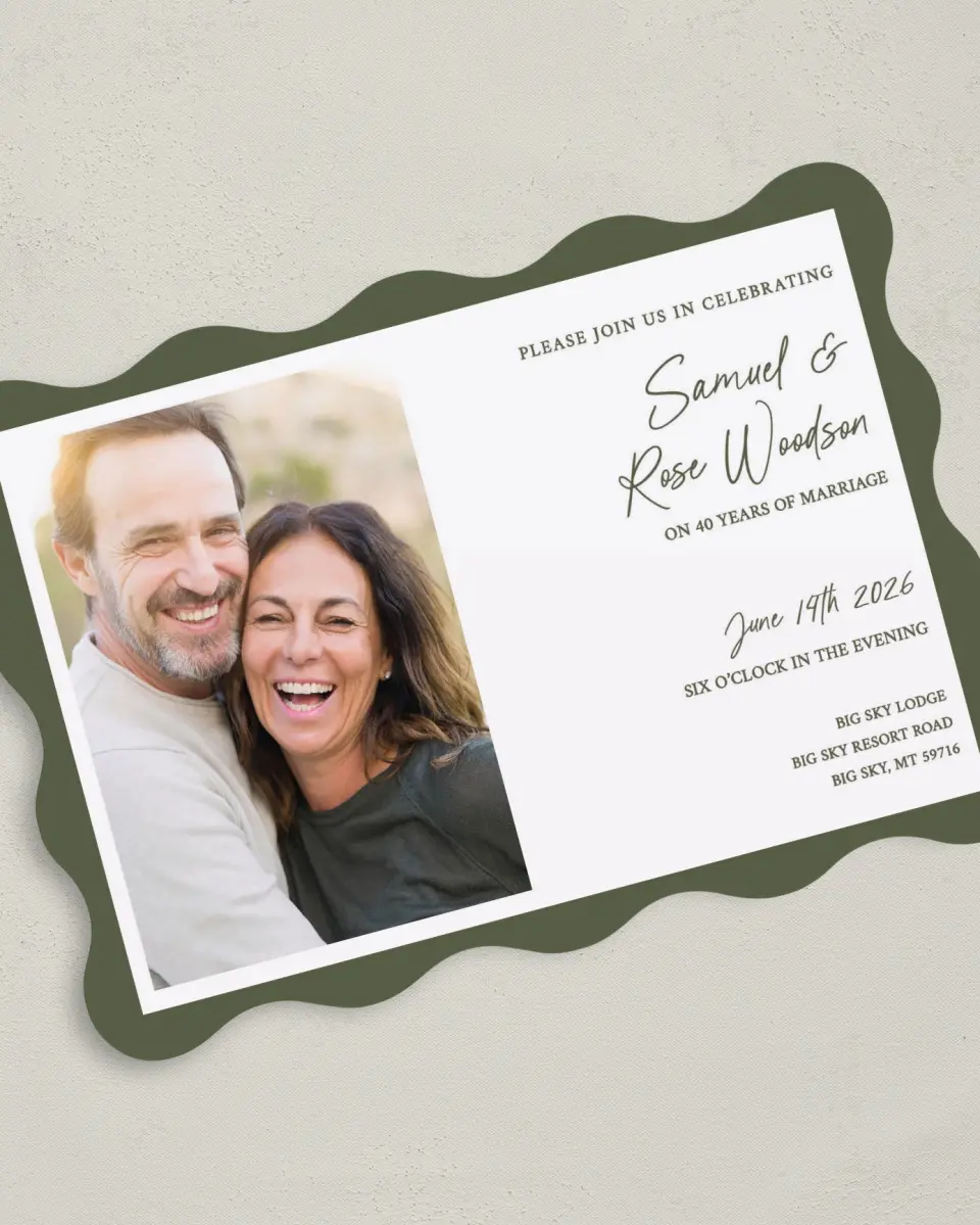 This is a 5" x 7" Anniversary Invitation called Rustic Romance printed in full color with Silver foil on Luxe Satin (coated) paper