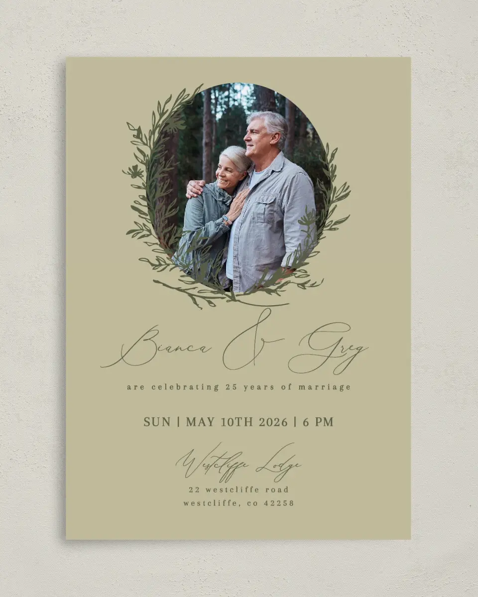 This is a 5" x 7" Anniversary Invitation called Growing Goodness printed in full color with Gold foil on Luxe Satin (coated) paper