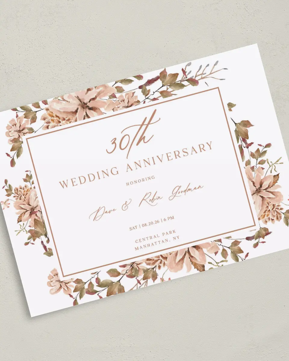 This is a 5" x 7" Anniversary Invitation called Forever Florals printed in full color with Silver foil on Luxe Satin (coated) paper