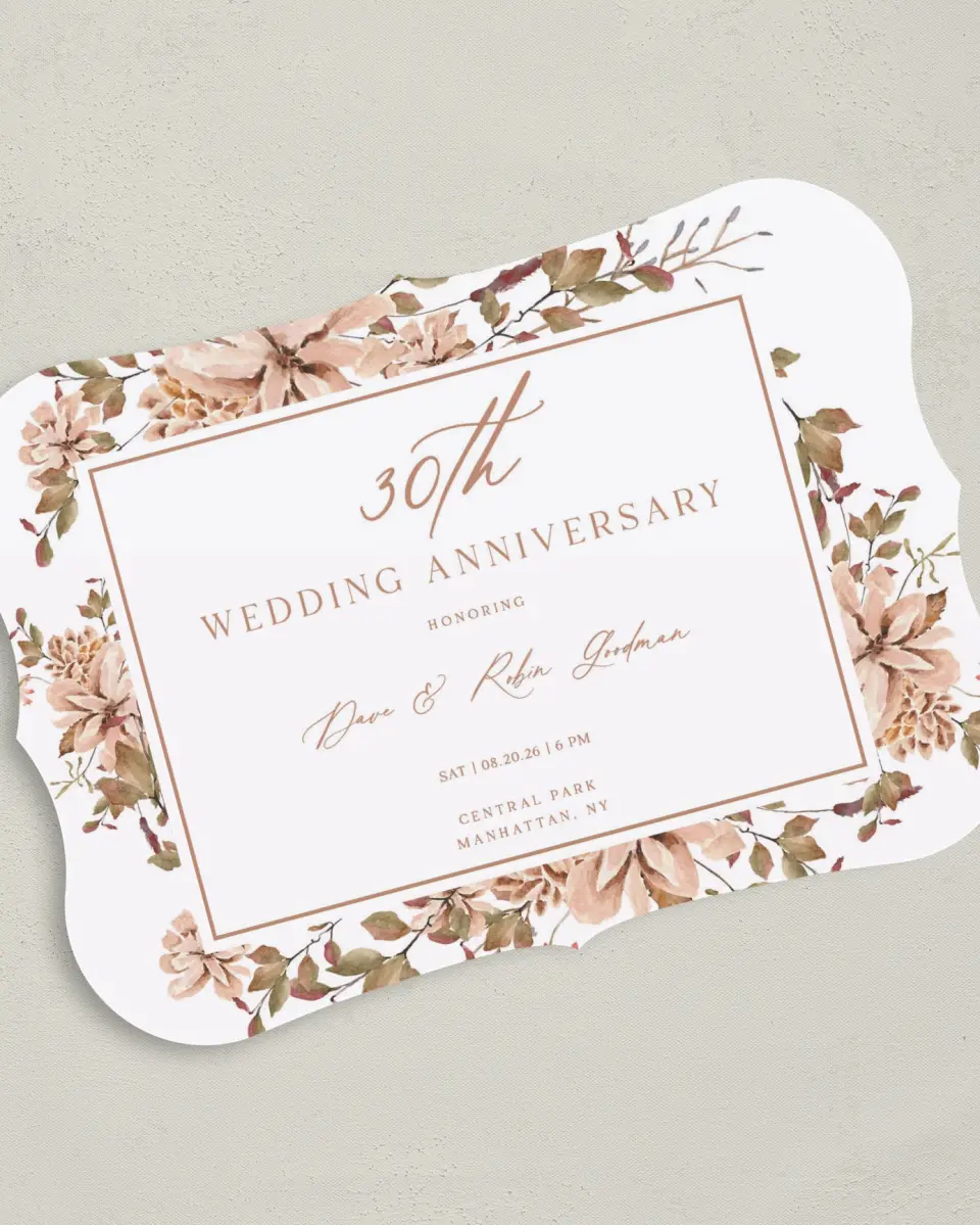 This is a 5" x 7" Anniversary Invitation called Forever Florals printed in full color on Premium Smooth paper