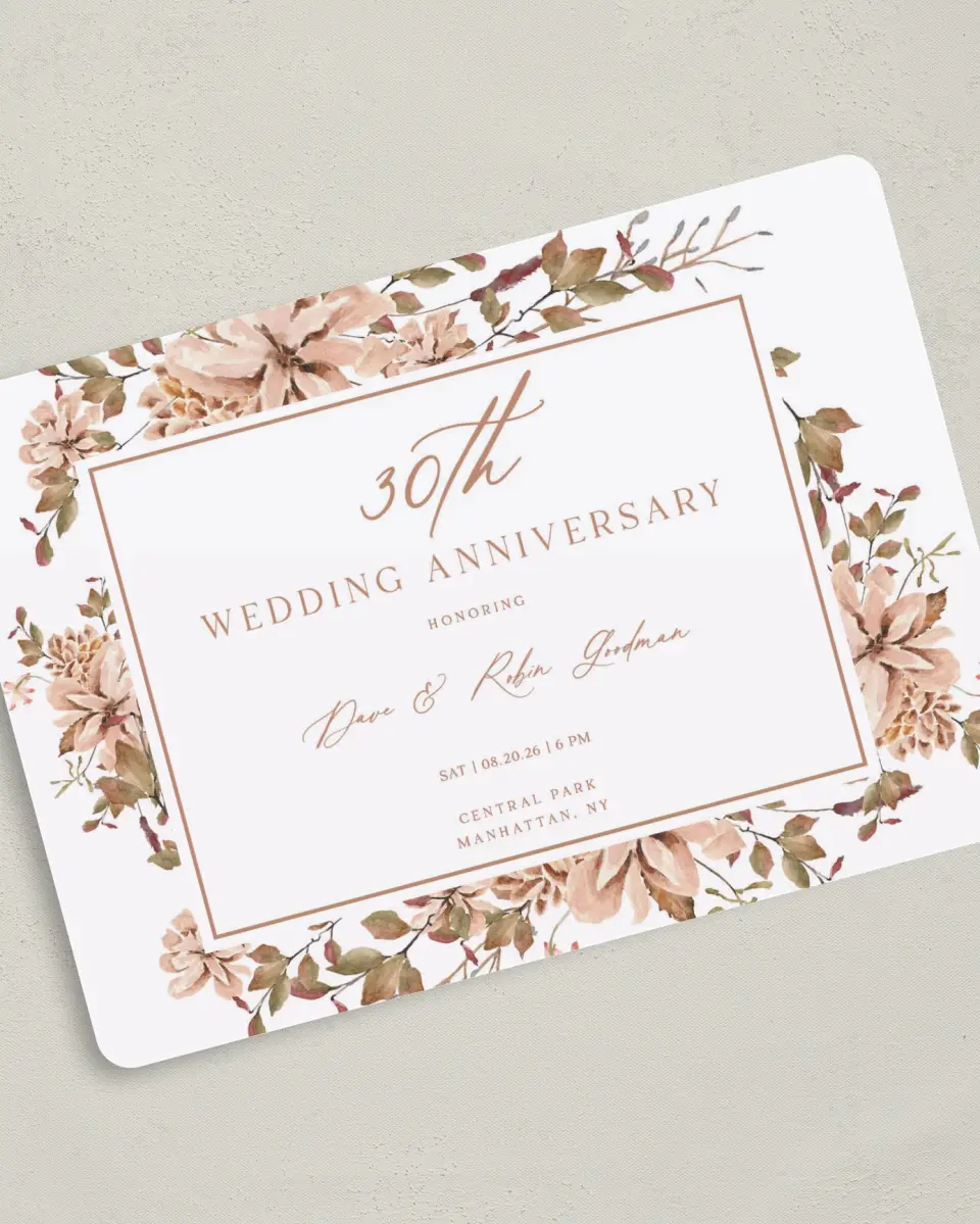 This is a 5" x 7" Anniversary Invitation called Forever Florals printed in full color on Premium Smooth paper