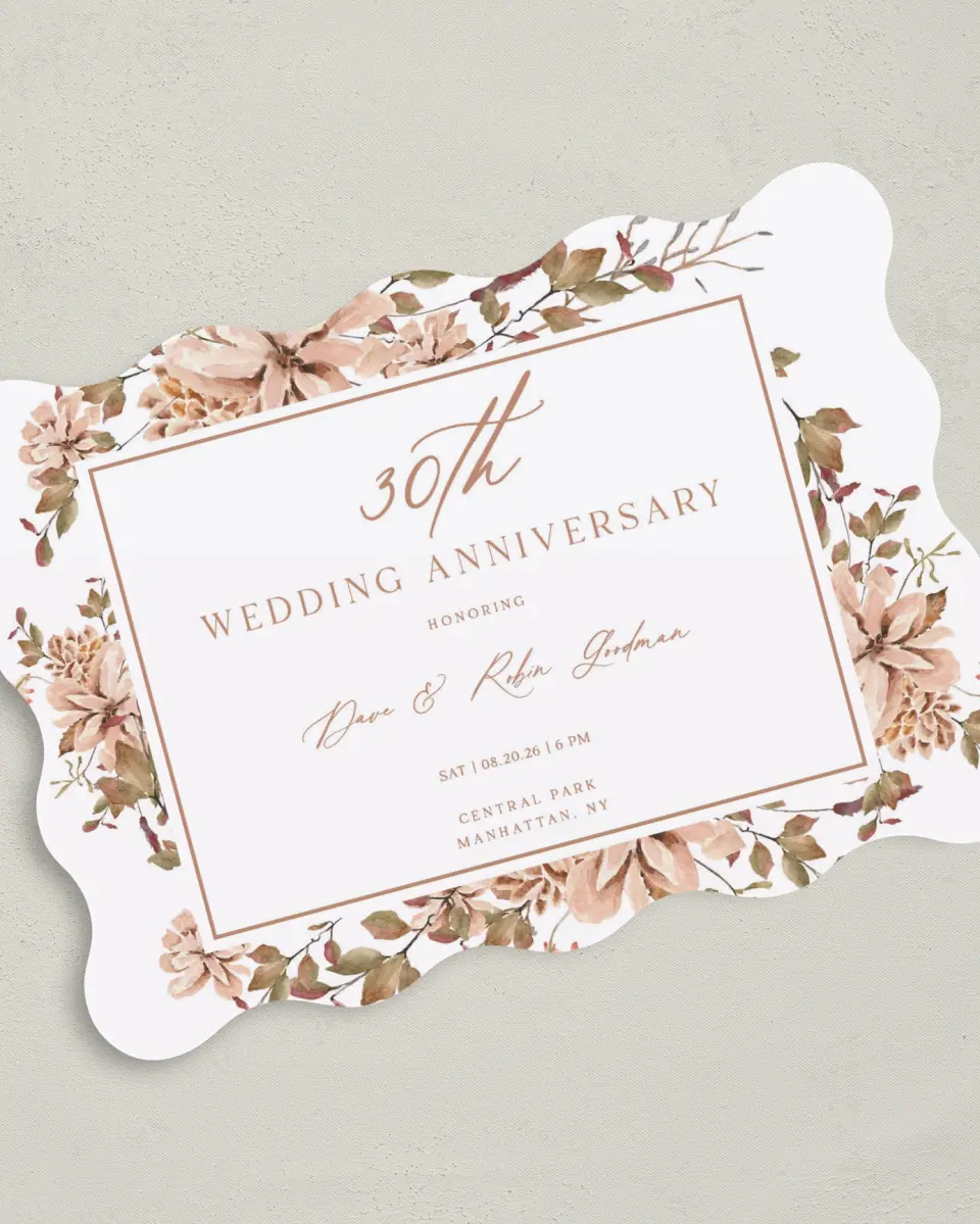 This is a 5" x 7" Anniversary Invitation called Forever Florals printed in full color on Premium Smooth paper