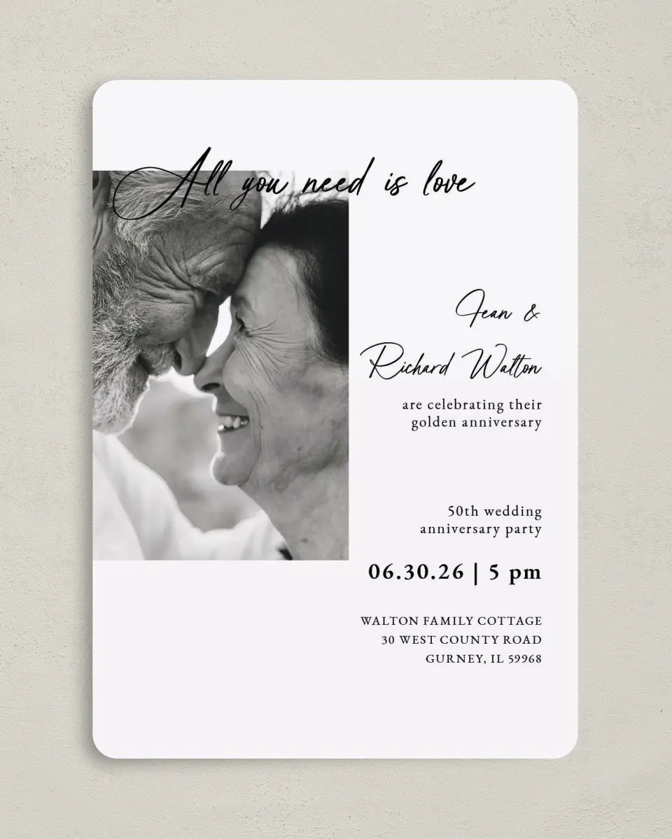 This is a 5" x 7" Anniversary Invitation called Laugh Lines printed in full color with Silver foil on Luxe Satin (coated) paper