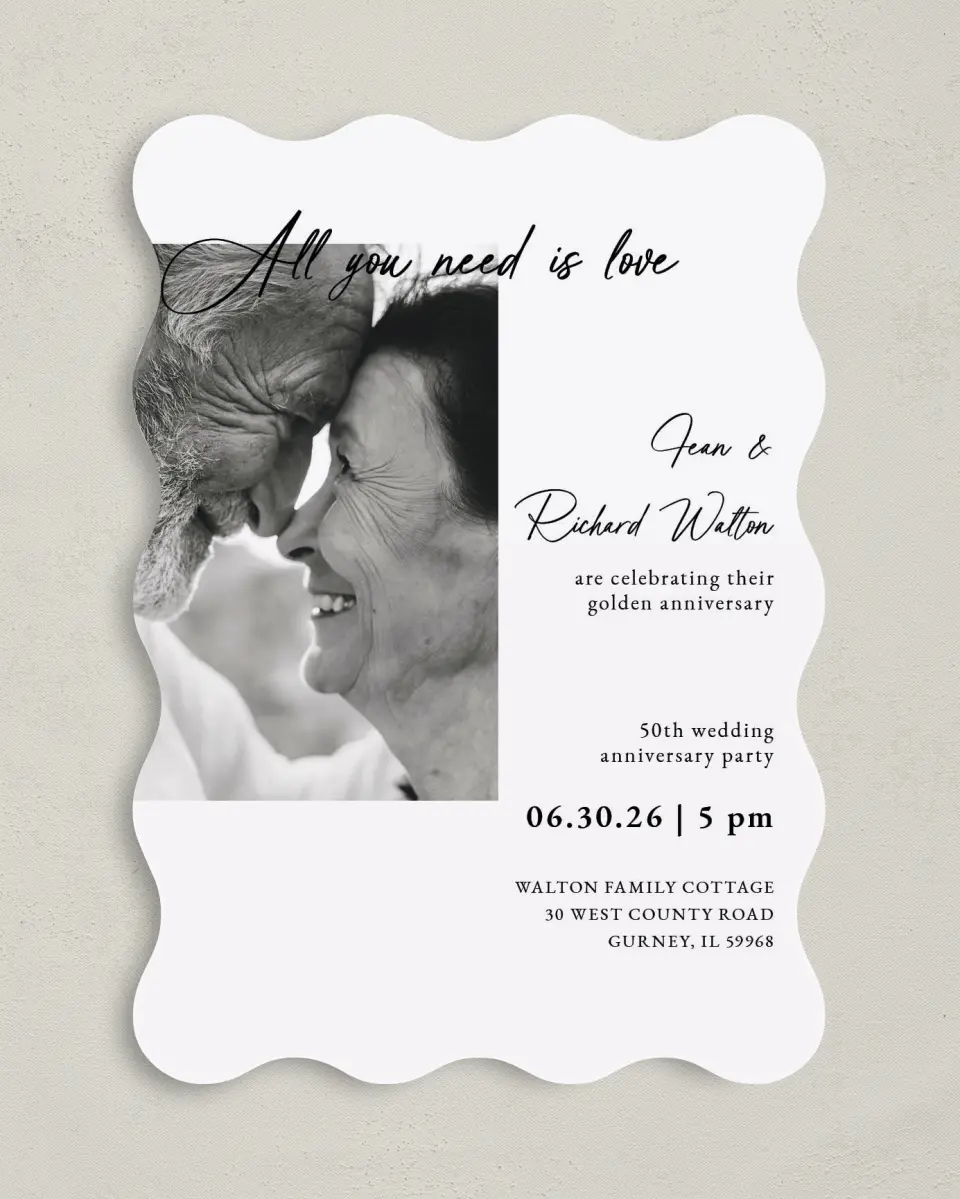 This is a 5" x 7" Anniversary Invitation called Laugh Lines printed in full color with Silver foil on Luxe Satin (coated) paper