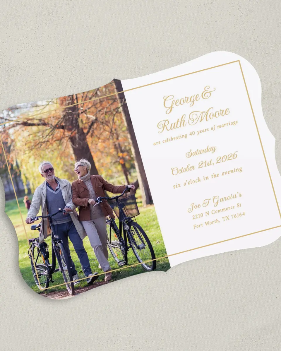 This is a 5" x 7" Anniversary Invitation called Golden Years printed in full color on Premium Smooth paper