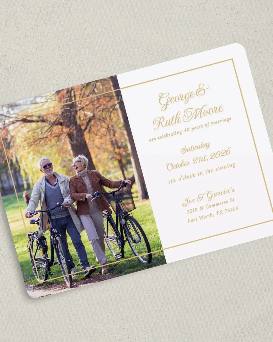 This is a 5" x 7" Anniversary Invitation called Golden Years printed in full color with Silver foil on Luxe Satin (coated) paper
