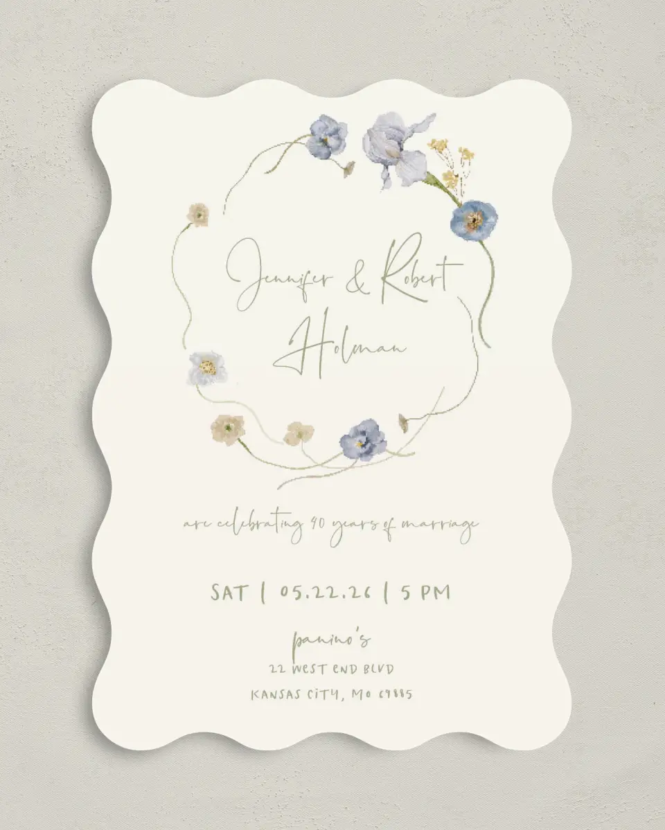 This is a 5" x 7" Anniversary Invitation called Delightful Darling printed in full color with Silver foil on Luxe Satin (coated) paper