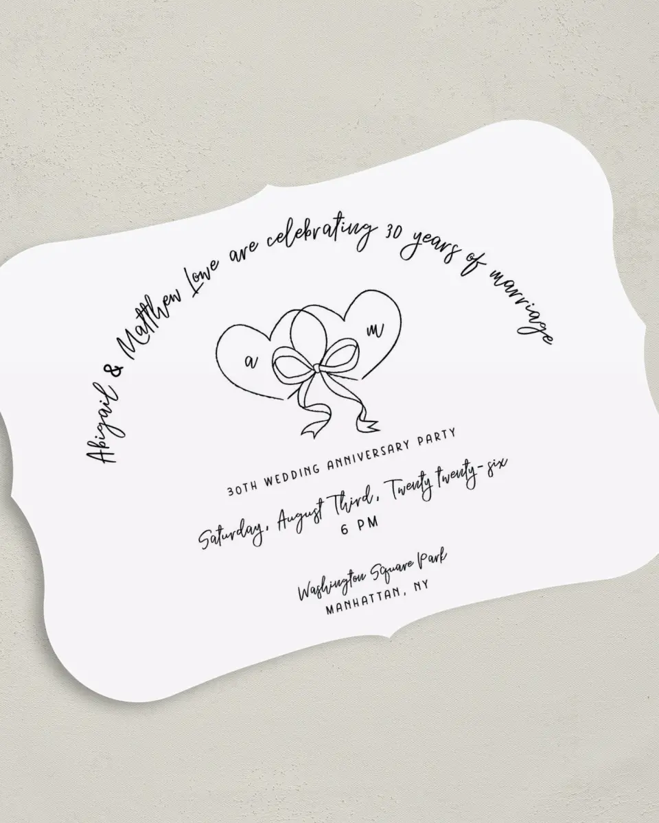 This is a 5" x 7" Anniversary Invitation called Two Hearts printed in full color on Premium Smooth paper