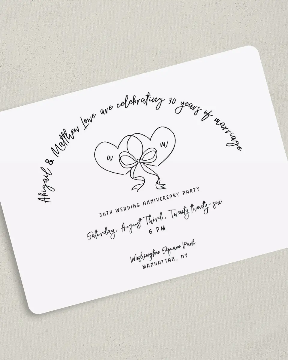 This is a 5" x 7" Anniversary Invitation called Two Hearts printed in full color on Premium Smooth paper