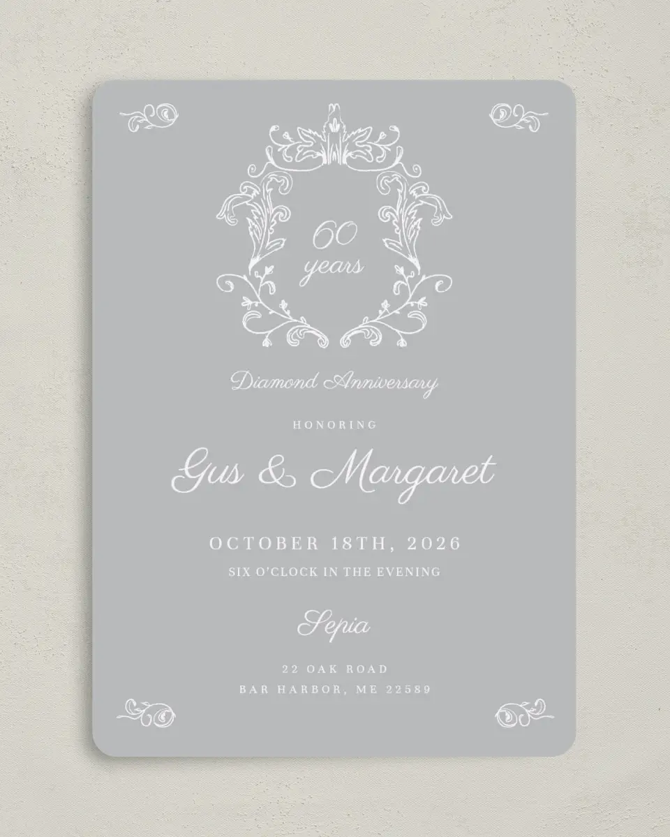 This is a 5" x 7" Anniversary Invitation called Caring Crest printed in full color with Silver foil on Luxe Satin (coated) paper