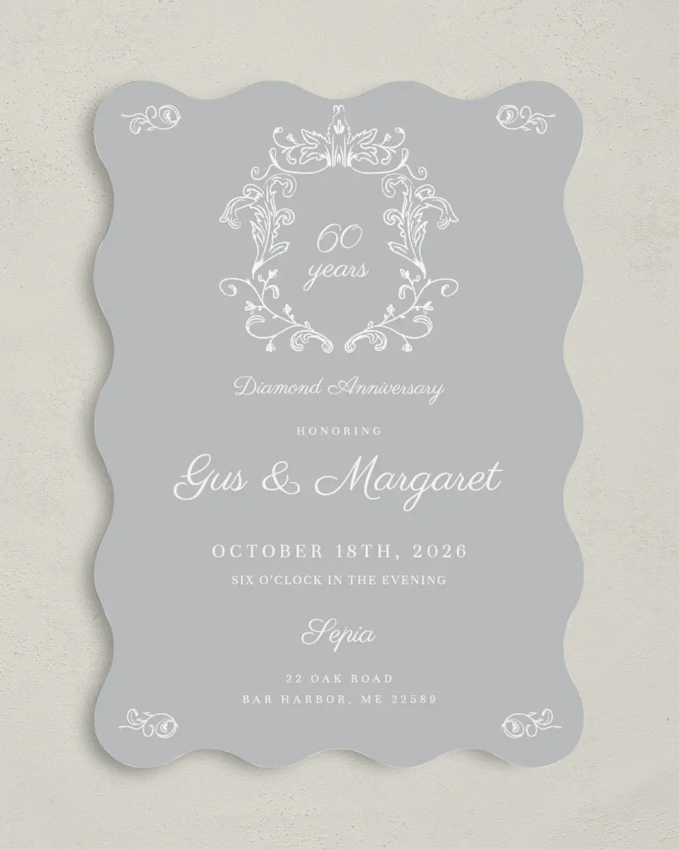 This is a 5" x 7" Anniversary Invitation called Caring Crest printed in full color with Silver foil on Luxe Satin (coated) paper