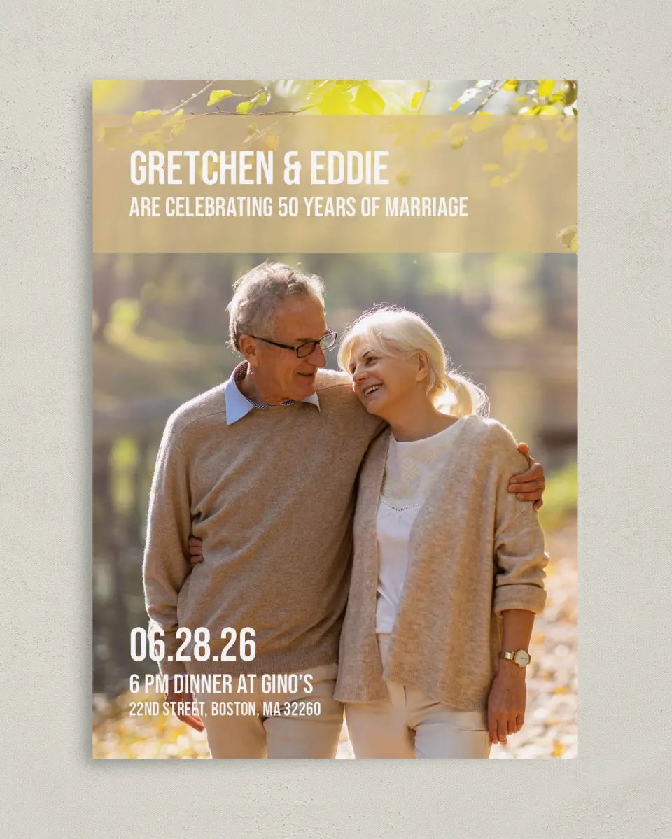 This is a 5" x 7" Anniversary Invitation called Golden Embrace printed in full color on Premium Smooth paper