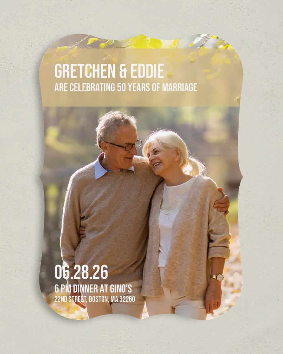 This is a 5" x 7" Anniversary Invitation called Golden Embrace printed in full color on Premium Smooth paper