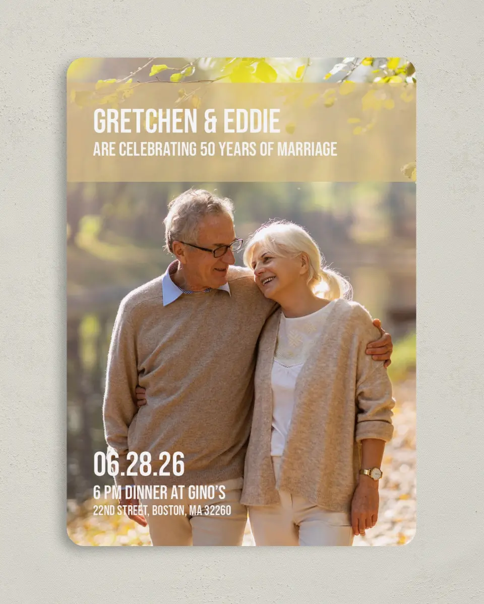 This is a 5" x 7" Anniversary Invitation called Golden Embrace printed in full color with Silver foil on Luxe Satin (coated) paper