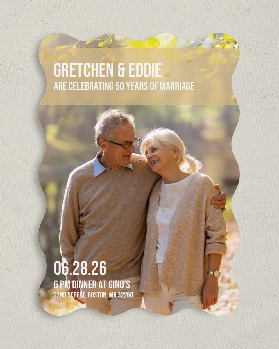 This is a 5" x 7" Anniversary Invitation called Golden Embrace printed in full color with Silver foil on Luxe Satin (coated) paper