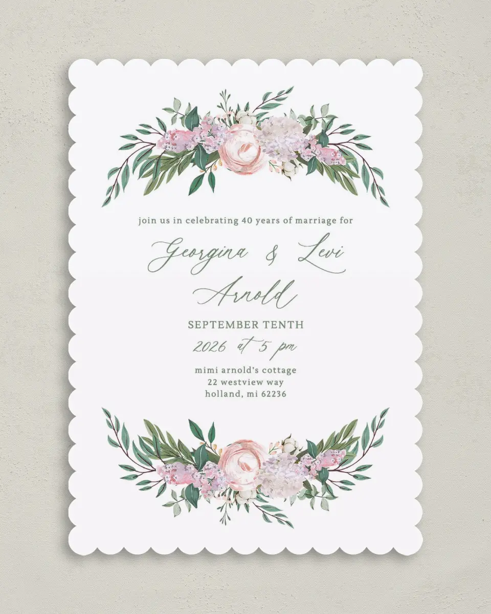 This is a 5" x 7" Anniversary Invitation called Mirrored Florals printed in full color on Premium Smooth paper