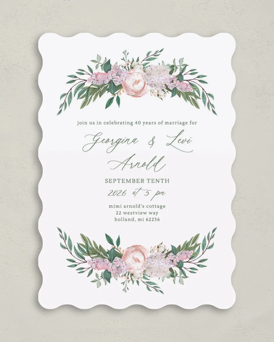 This is a 5" x 7" Anniversary Invitation called Mirrored Florals printed in full color on Premium Smooth paper