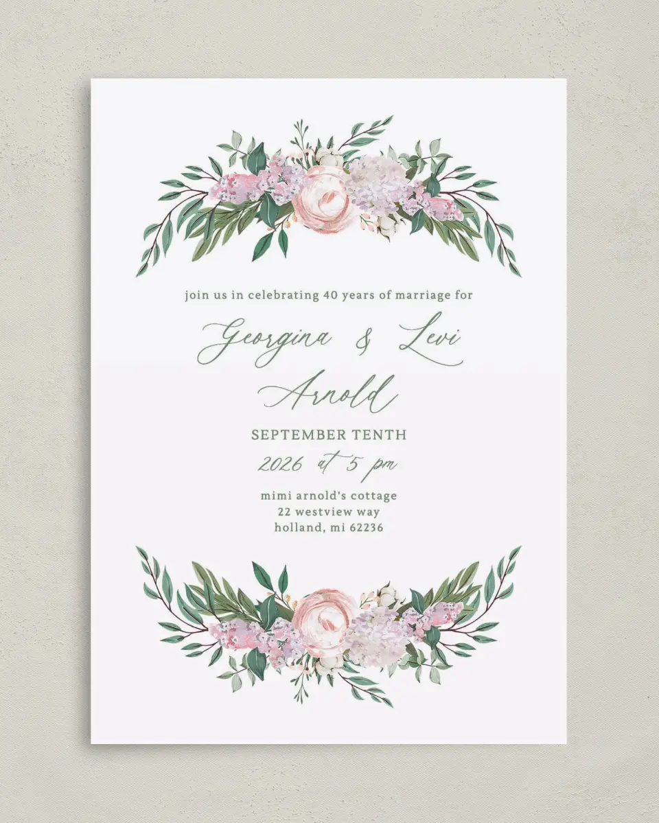 This is a 5" x 7" Anniversary Invitation called Mirrored Florals printed in full color on Premium Smooth paper