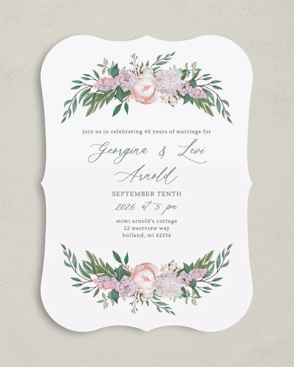 This is a 5" x 7" Anniversary Invitation called Mirrored Florals printed in full color on Premium Smooth paper