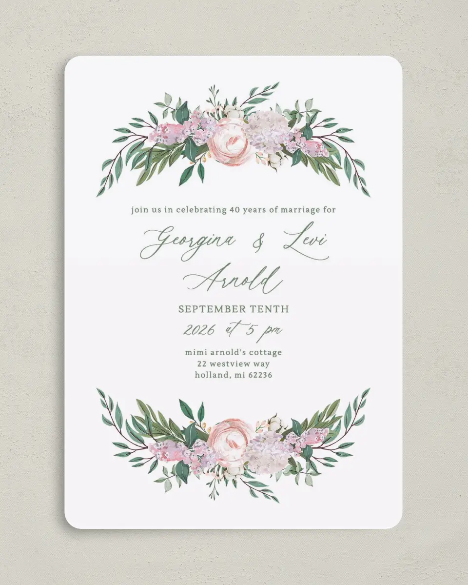 This is a 5" x 7" Anniversary Invitation called Mirrored Florals printed in full color on Premium Smooth paper