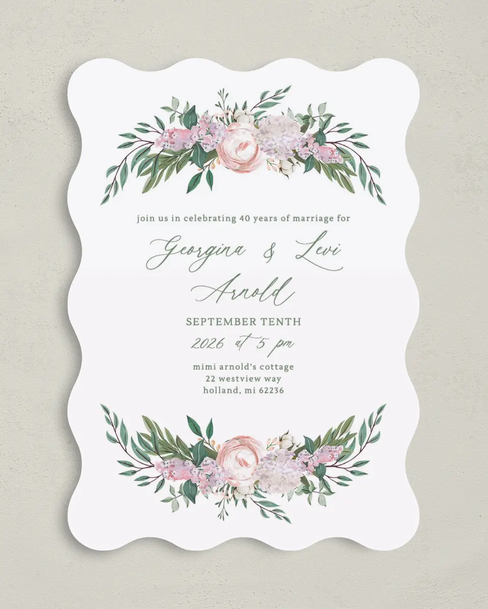 This is a 5" x 7" Anniversary Invitation called Mirrored Florals printed in full color with Silver foil on Luxe Satin (coated) paper