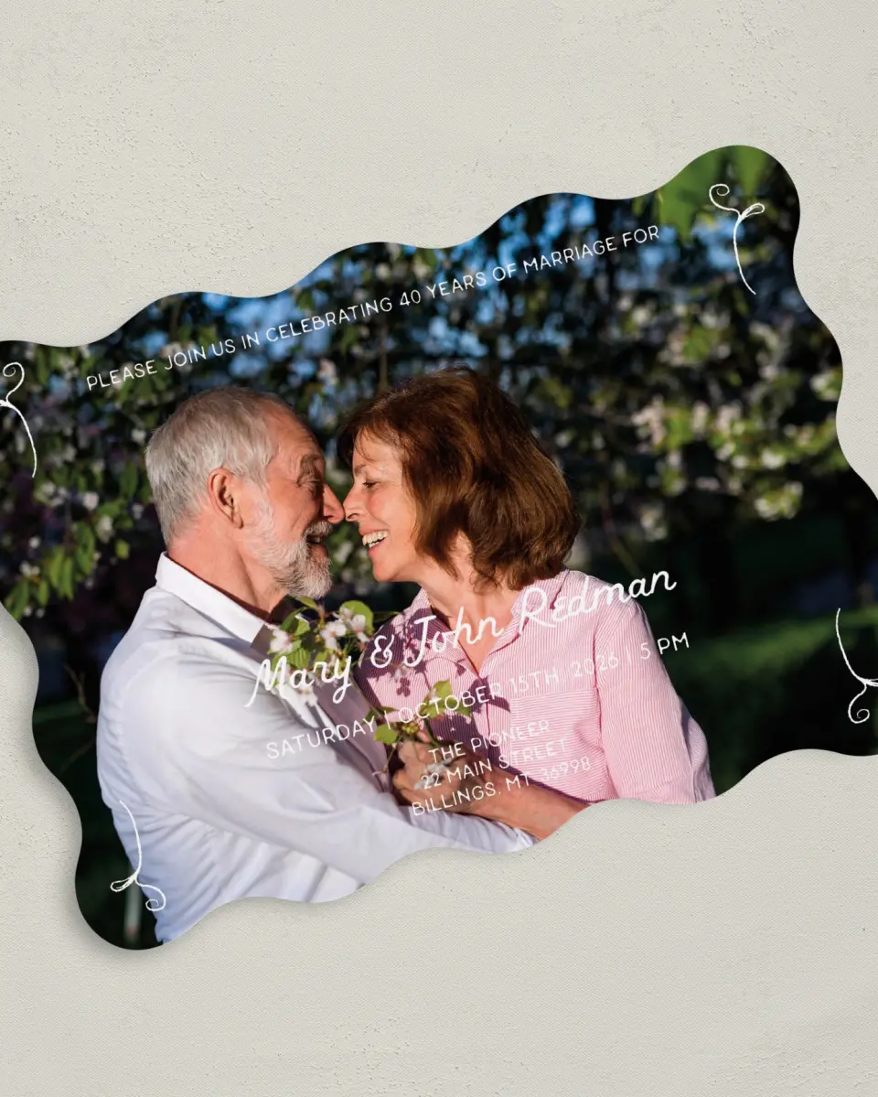 This is a 5" x 7" Anniversary Invitation called Love Meadow printed in full color with Silver foil on Luxe Satin (coated) paper
