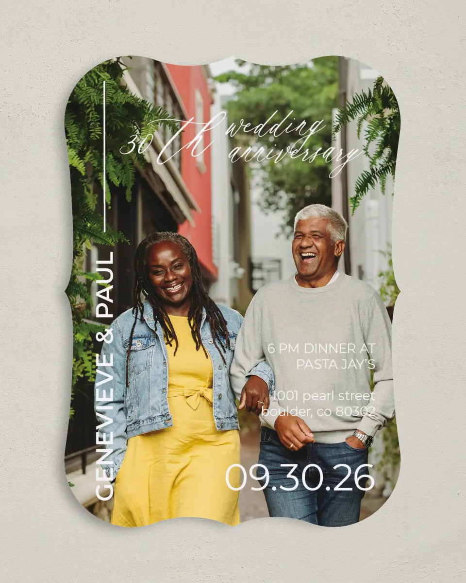 This is a 5" x 7" Anniversary Invitation called Modern Love printed in full color on Premium Smooth paper