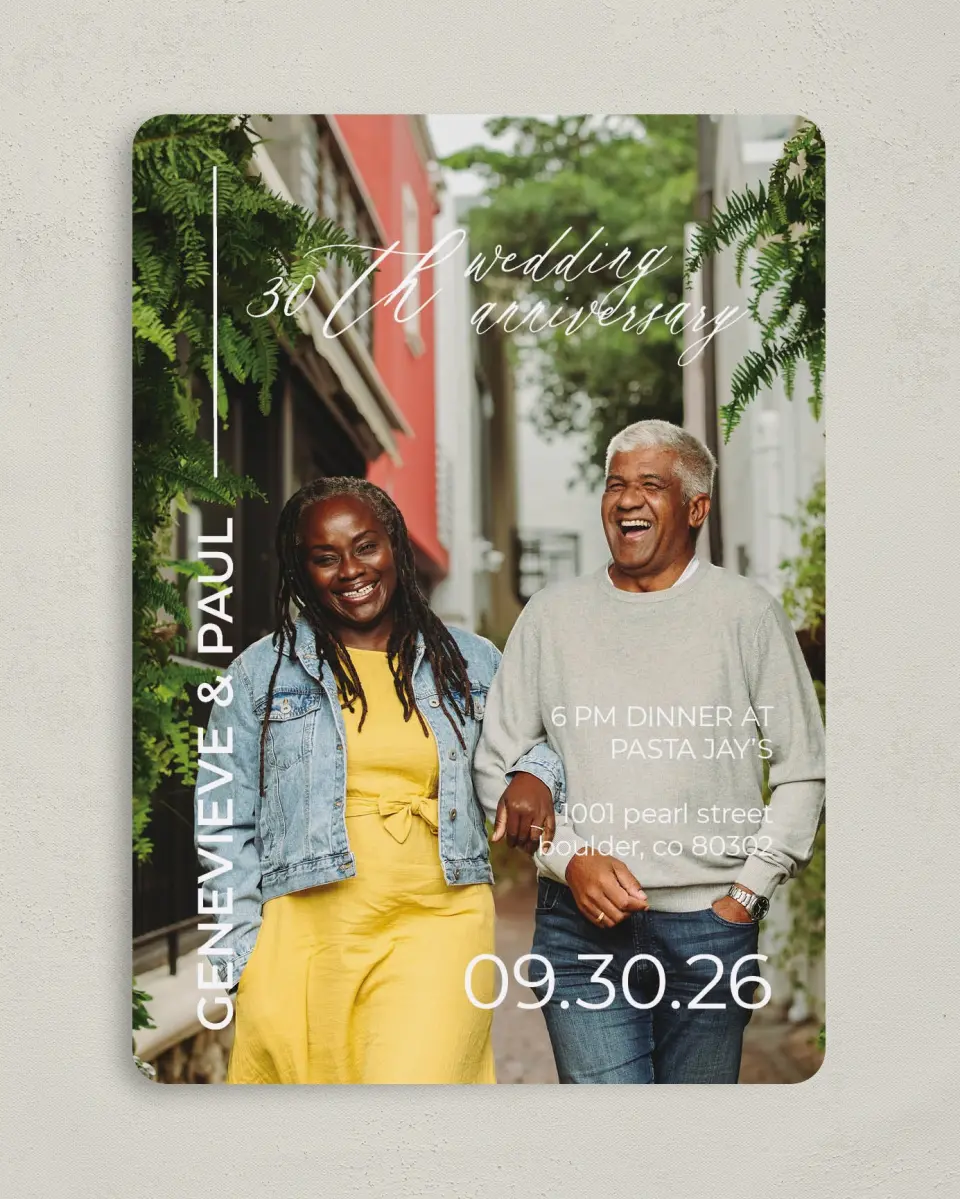 This is a 5" x 7" Anniversary Invitation called Modern Love printed in full color with Silver foil on Luxe Satin (coated) paper
