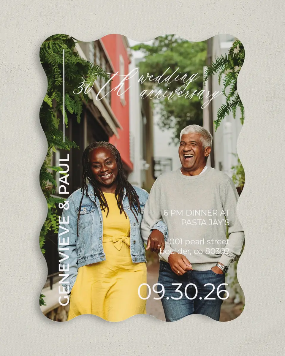 This is a 5" x 7" Anniversary Invitation called Modern Love printed in full color with Silver foil on Luxe Satin (coated) paper