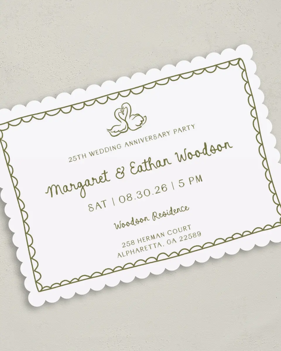 This is a 5" x 7" Anniversary Invitation called Lovely Swan printed in full color on Premium Smooth paper
