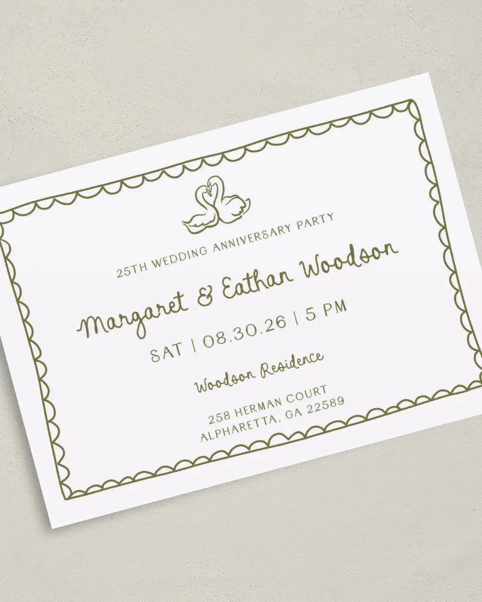 This is a 5" x 7" Anniversary Invitation called Lovely Swan printed in full color with Silver foil on Luxe Satin (coated) paper