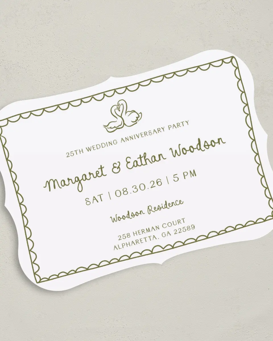 This is a 5" x 7" Anniversary Invitation called Lovely Swan printed in full color on Premium Smooth paper