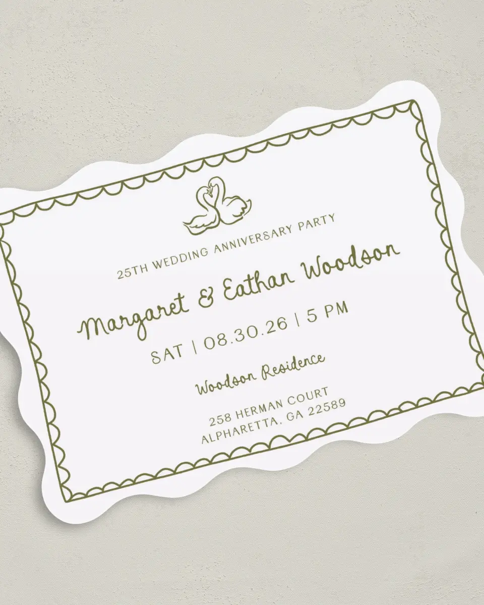 This is a 5" x 7" Anniversary Invitation called Lovely Swan printed in full color with Silver foil on Luxe Satin (coated) paper