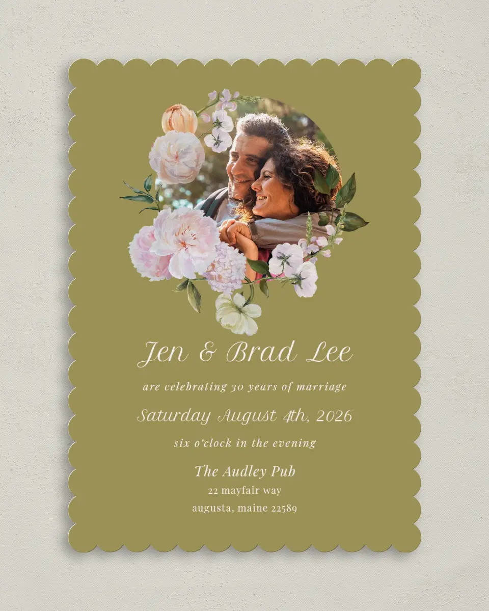 This is a 5" x 7" Anniversary Invitation called Precious Peony printed in full color on Premium Smooth paper
