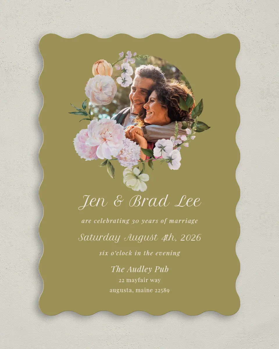 This is a 5" x 7" Anniversary Invitation called Precious Peony printed in full color on Premium Smooth paper