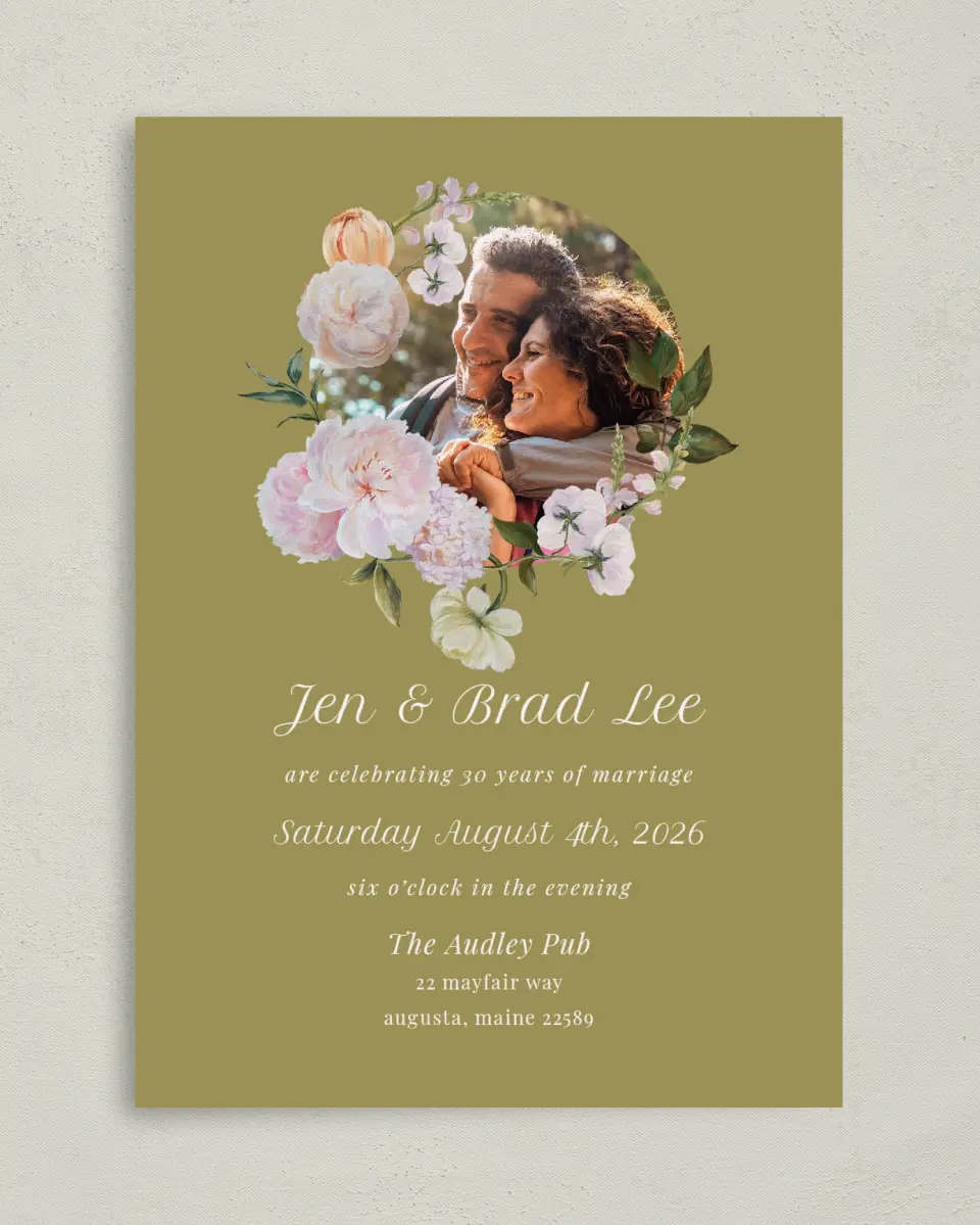 This is a 5" x 7" Anniversary Invitation called Precious Peony printed in full color on Premium Smooth paper