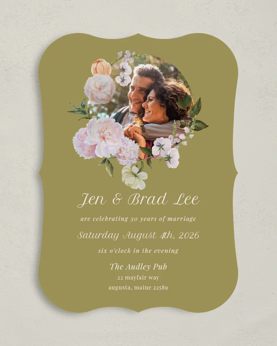 This is a 5" x 7" Anniversary Invitation called Precious Peony printed in full color on Premium Smooth paper