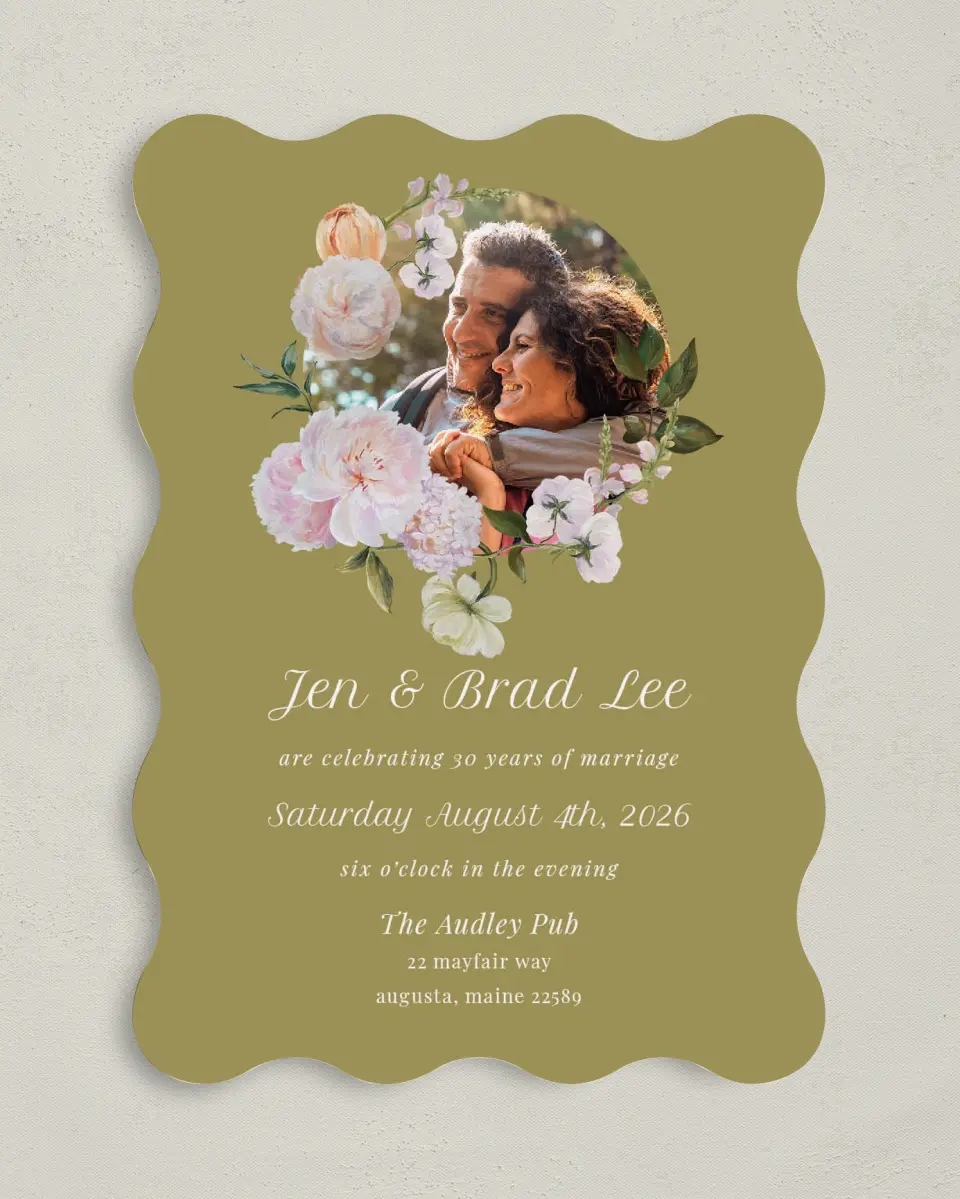 This is a 5" x 7" Anniversary Invitation called Precious Peony printed in full color on Premium Smooth paper