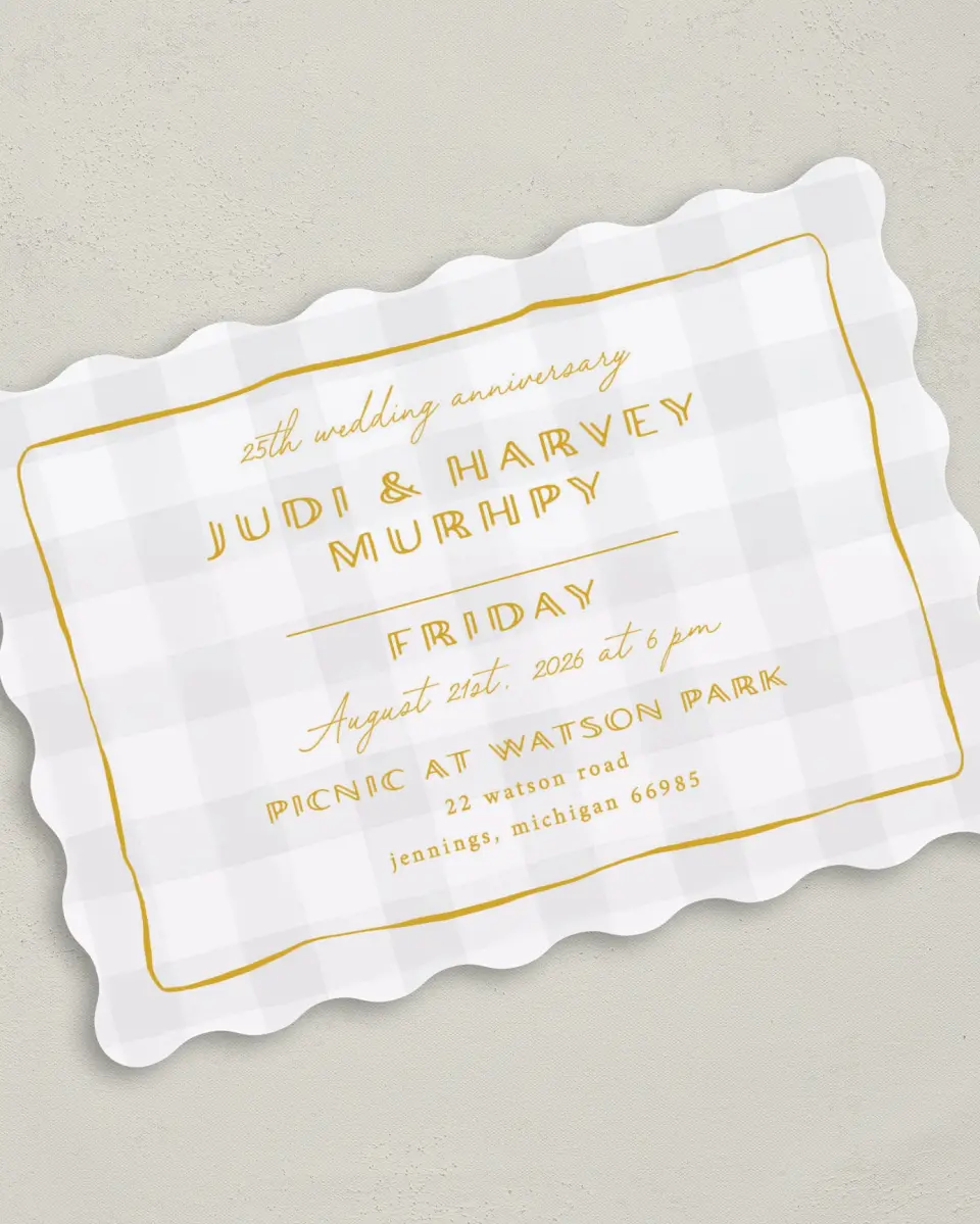 This is a 5" x 7" Anniversary Invitation called Golden Gingham printed in full color on Premium Smooth paper