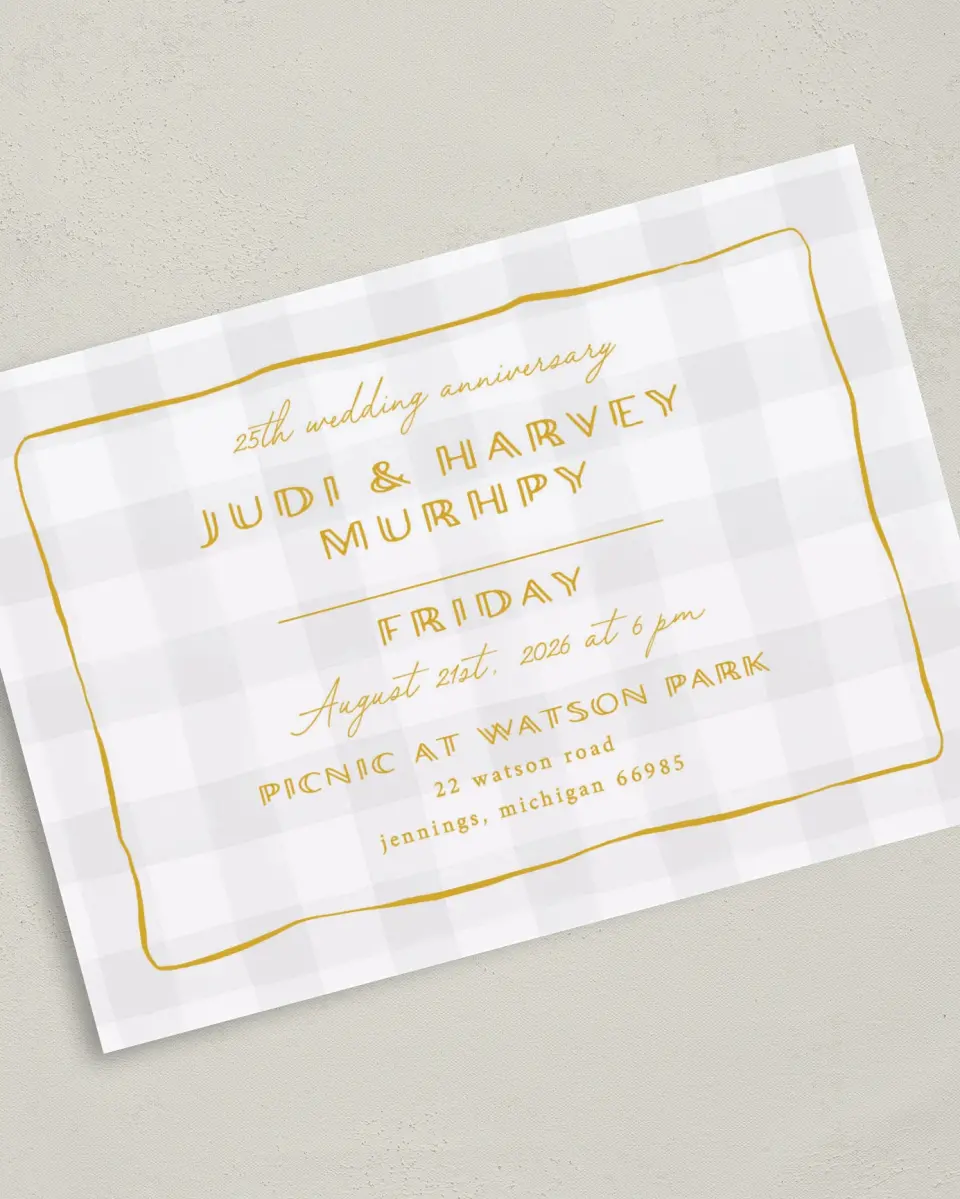 This is a 5" x 7" Anniversary Invitation called Golden Gingham printed in full color on Premium Smooth paper