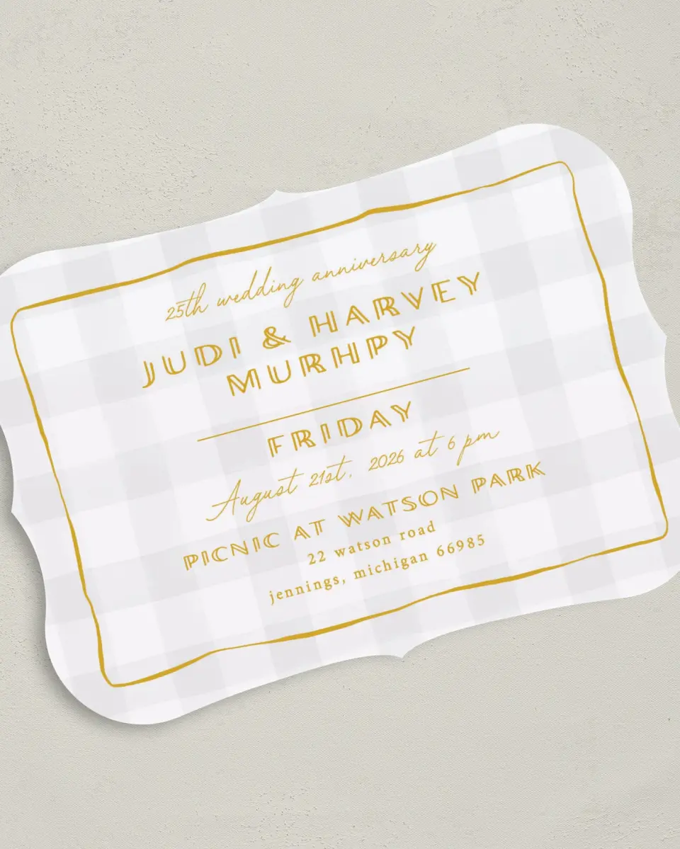 This is a 5" x 7" Anniversary Invitation called Golden Gingham printed in full color on Premium Smooth paper