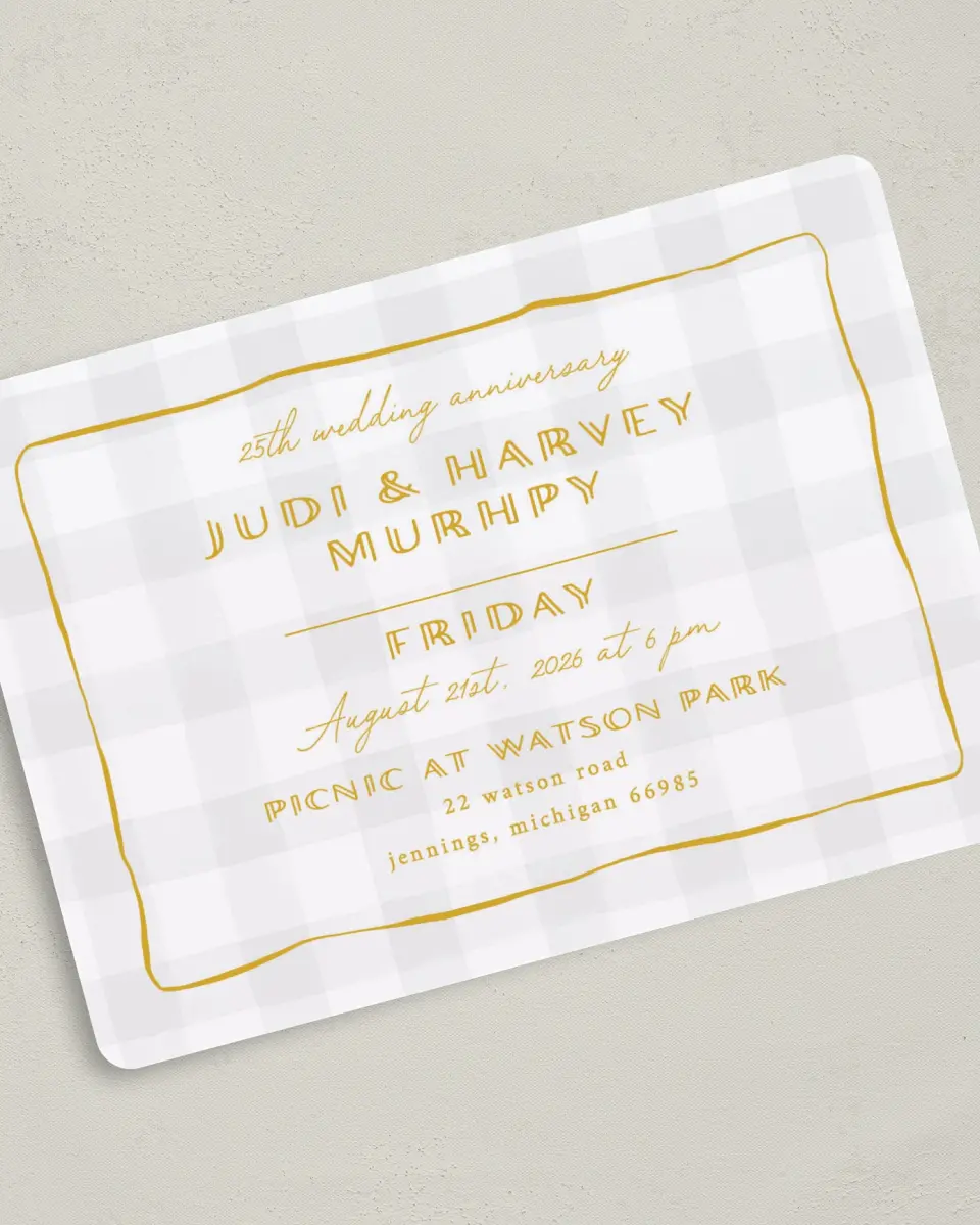 This is a 5" x 7" Anniversary Invitation called Golden Gingham printed in full color with Silver foil on Luxe Satin (coated) paper