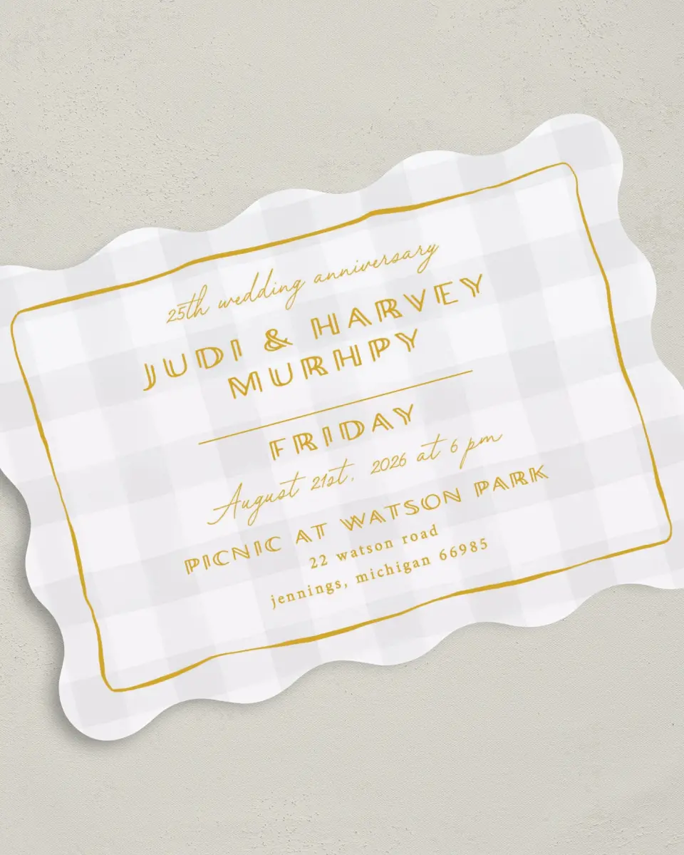 This is a 5" x 7" Anniversary Invitation called Golden Gingham printed in full color with Silver foil on Luxe Satin (coated) paper