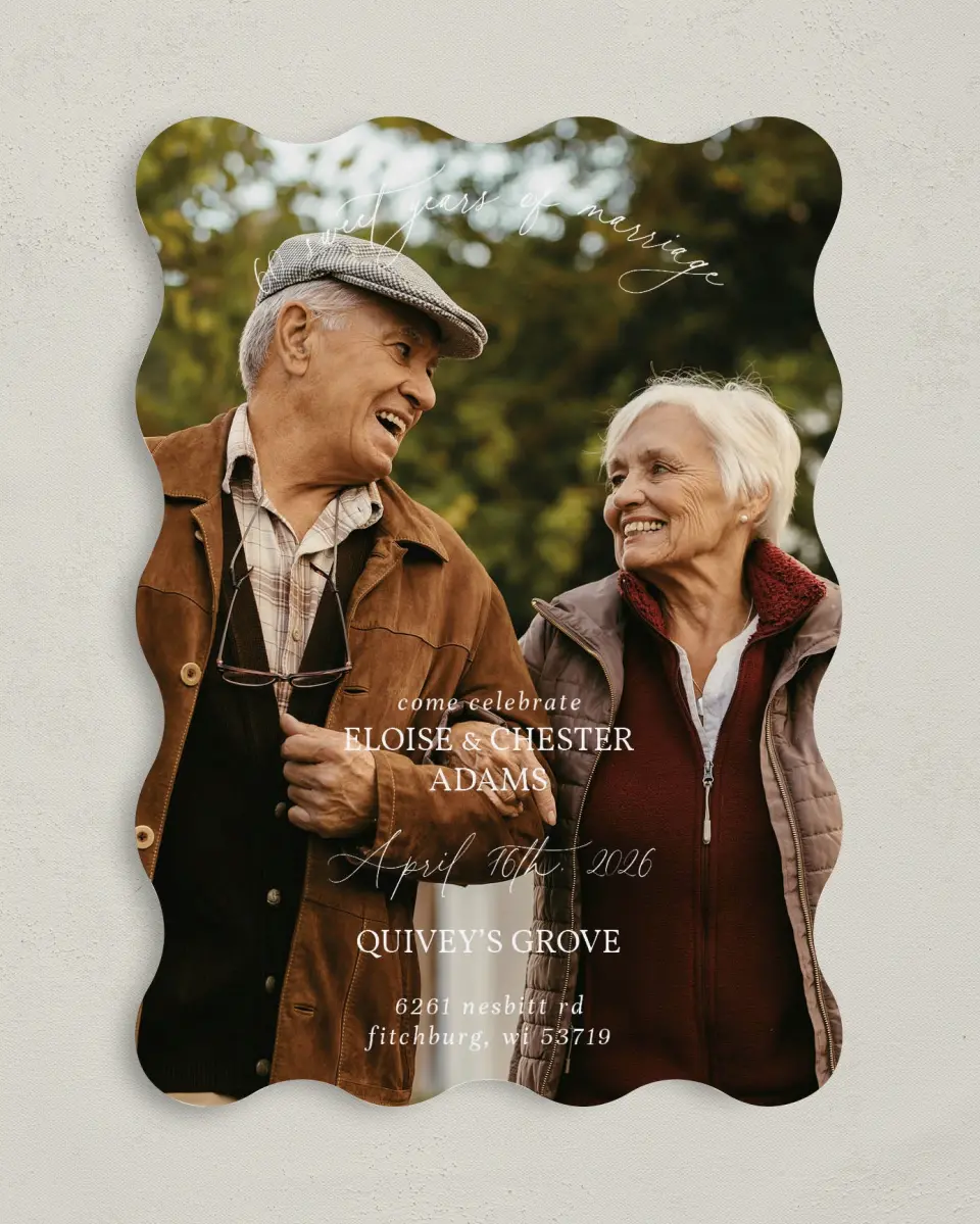 This is a 5" x 7" Anniversary Invitation called Cheek to Cheek printed in full color with Silver foil on Luxe Satin (coated) paper