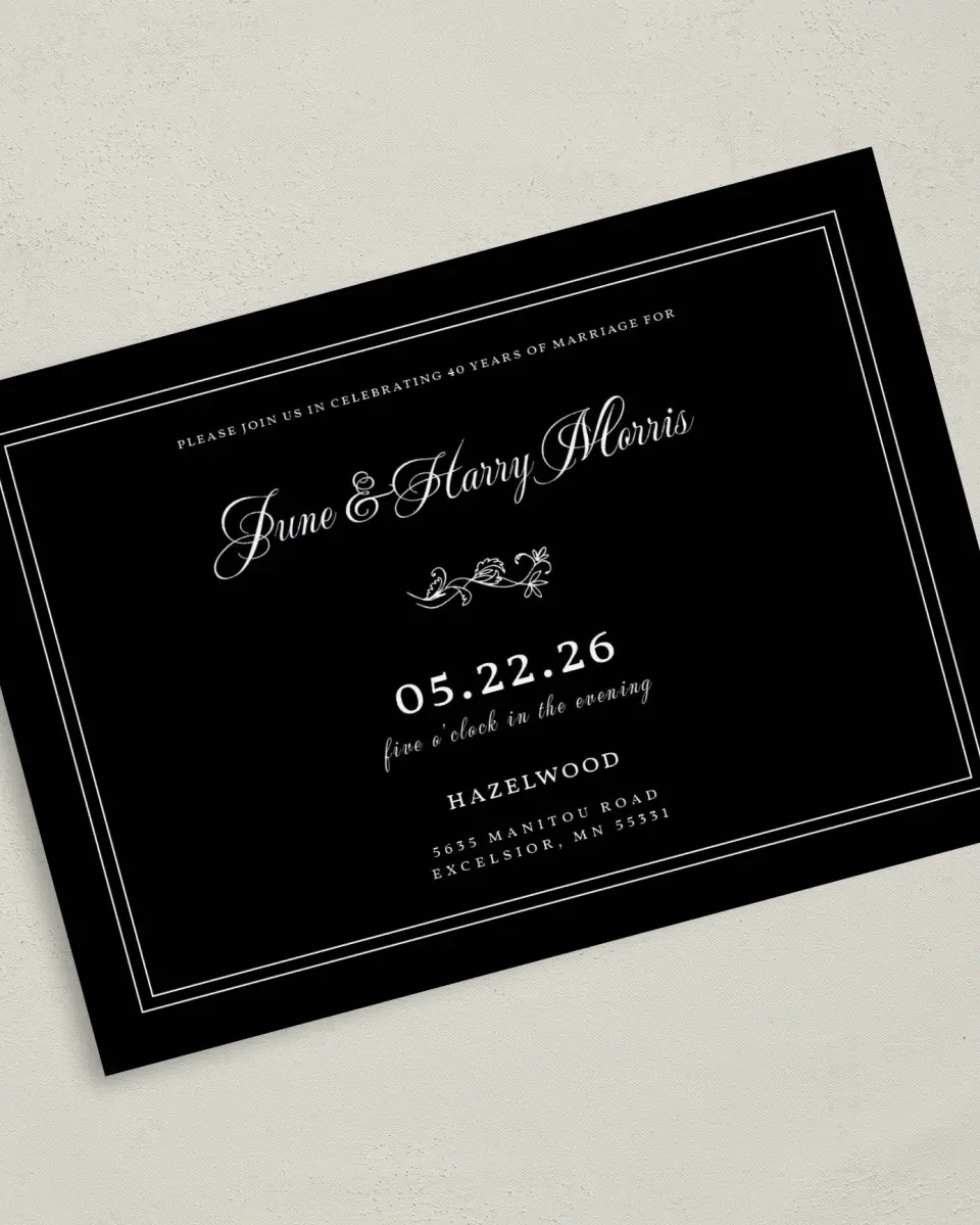 This is a 5" x 7" Anniversary Invitation called Faithful Decades printed in full color with Silver foil on Luxe Satin (coated) paper