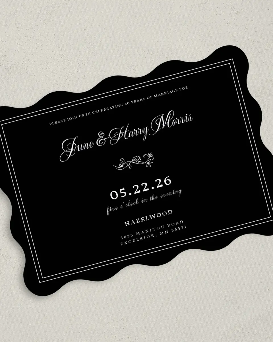 This is a 5" x 7" Anniversary Invitation called Faithful Decades printed in full color with Silver foil on Luxe Satin (coated) paper