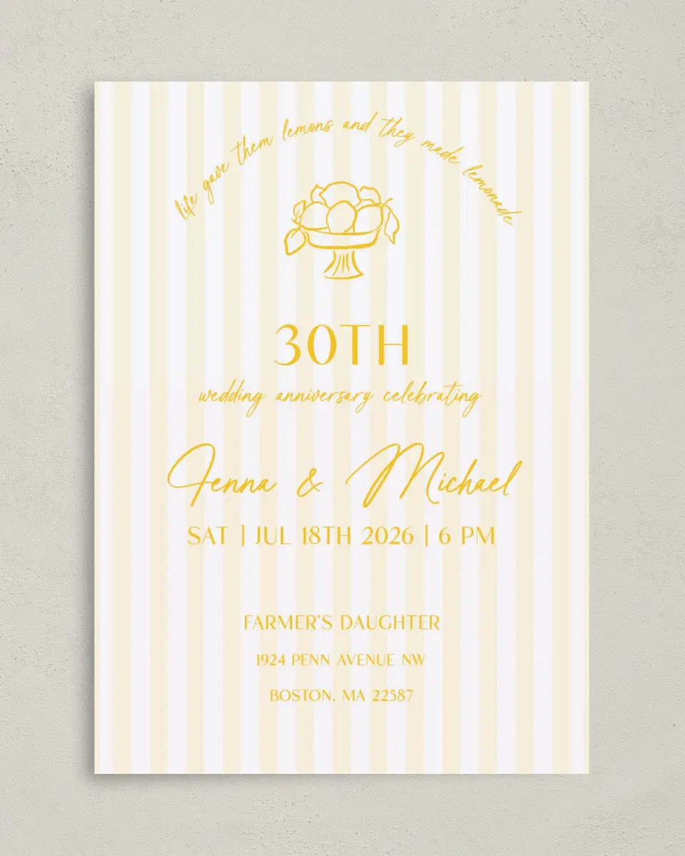 This is a 5" x 7" Anniversary Invitation called Life Lemons printed in full color on Premium Smooth paper